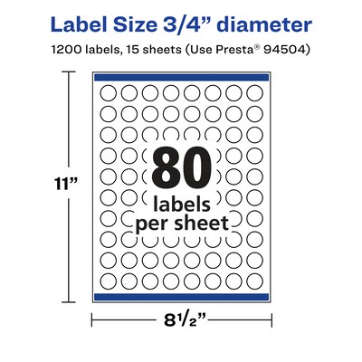 Avery Laser/Inkjet Round Multipurpose Labels, White, 80 Labels/Sheet, 15 Sheets/Pack (94504-RMP15)