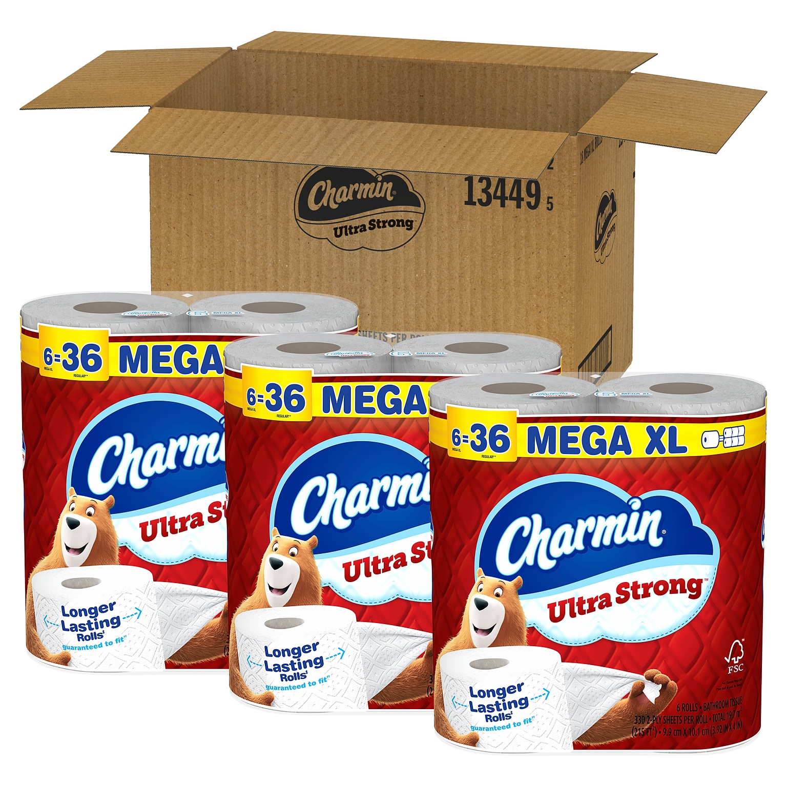 Charmin Ultra Strong Mega XL Toilet Paper, 2-Ply, White, 330 Sheets/Roll, 6 Rolls/Pack, 3 Packs/Carton (04308)