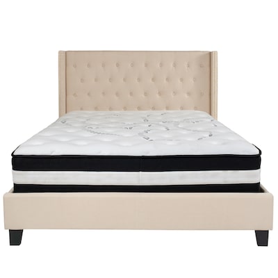 Flash Furniture Riverdale Tufted Upholstered Platform Bed in Beige Fabric with Pocket Spring Mattress, Queen (HGBM35)