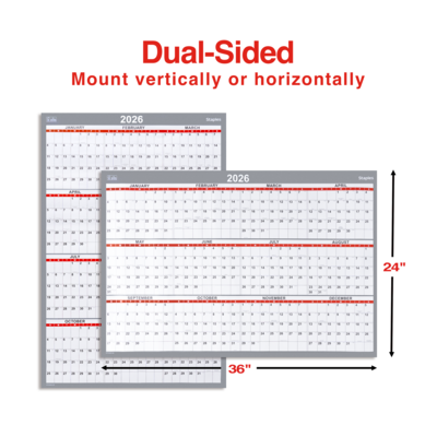 2026 Staples 36" x 24" Yearly Wall Calendar, White/Red/Gray (ST53903-26)