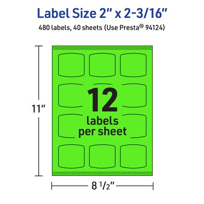 Avery Laser/Inkjet Multipurpose Square Labels, 2" x 2-3/16", Neon Green, 480/Pack (94124)