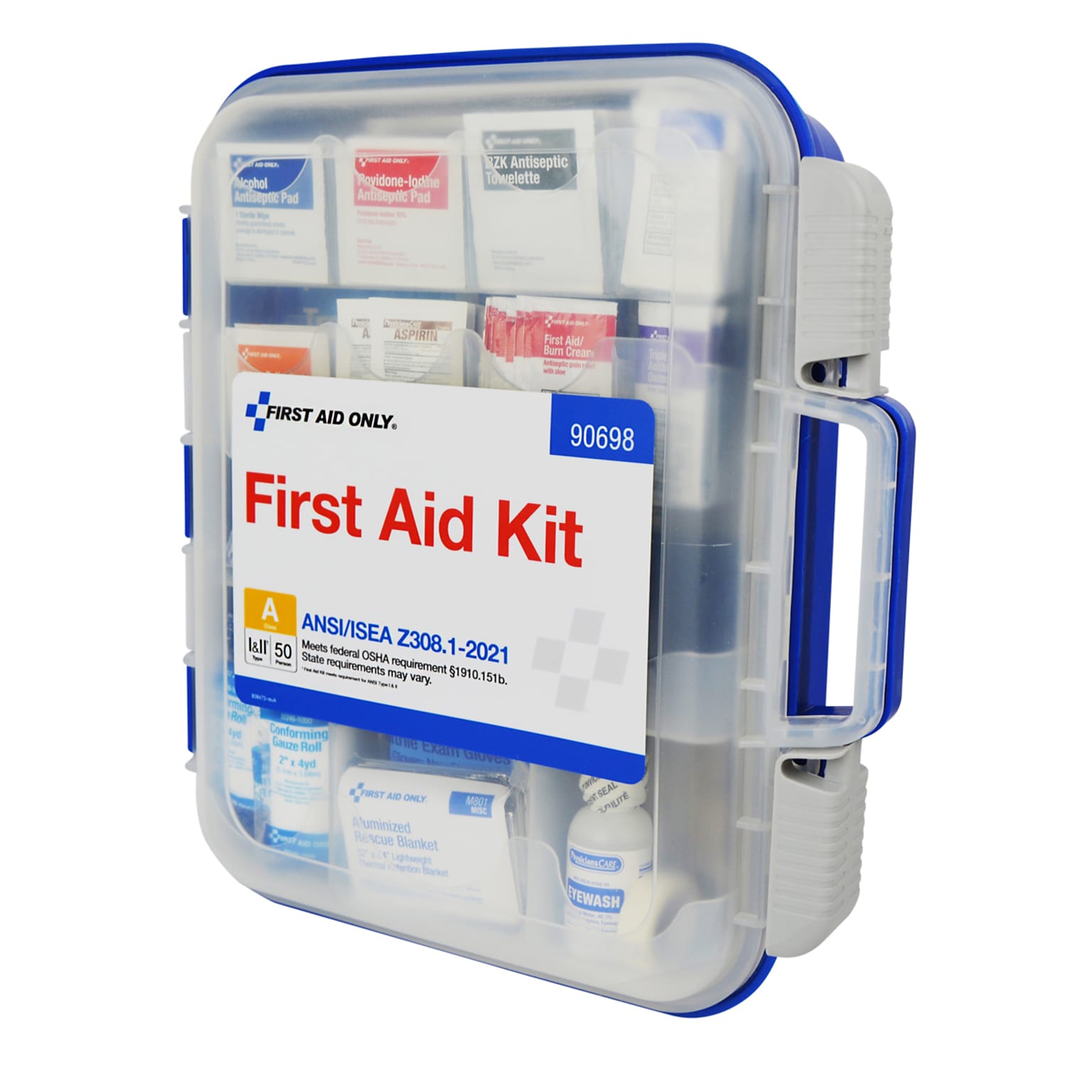 First Aid Only ReadyCare Plastic First Aid Kit with Medication, ANSI 2021 Class A, 50 People, 238 Pieces, Clear/Blue (90698)