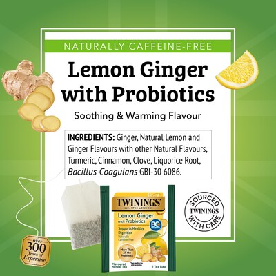 Twinings Probiotics Lemon and Ginger Herbal Tea Bags, 18/Box (F16483)