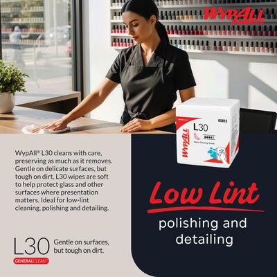 WypAll GeneralClean L30 Durable Fibers Cleaning Wipers, 12" x 12.5", White, 90 Wipers/Box, 12/Carton (05812)
