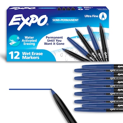 EXPO Wet Erase Markers, Ultra Fine Tip, Blue, 12/Pack (16003)