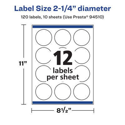 Avery Laser/Inkjet Round Multipurpose Labels, White, 12 Labels/Sheet, 10 Sheets/Pack (94510-WMF10)