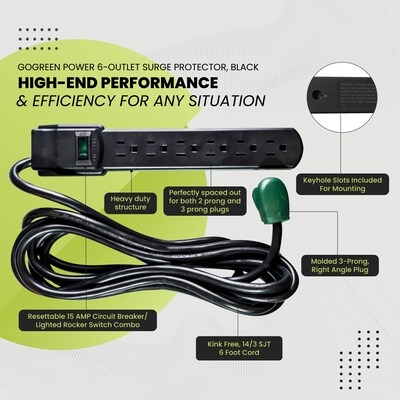 GoGreen Power 6 Outlet Surge Protectors, 6' Cord, Black (GG-16106MSBK)