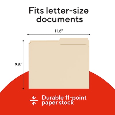 Staples Manila File Folders, Letter Size, 2-Tab Assorted Positions, Durable Paper Stock, 100/Box