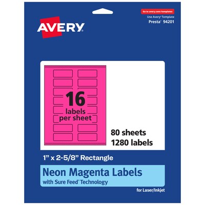 Avery Rectangle Laser/Inkjet Multipurpose Labels, 1 x 2-5/8, Neon Magenta (1280/Box)