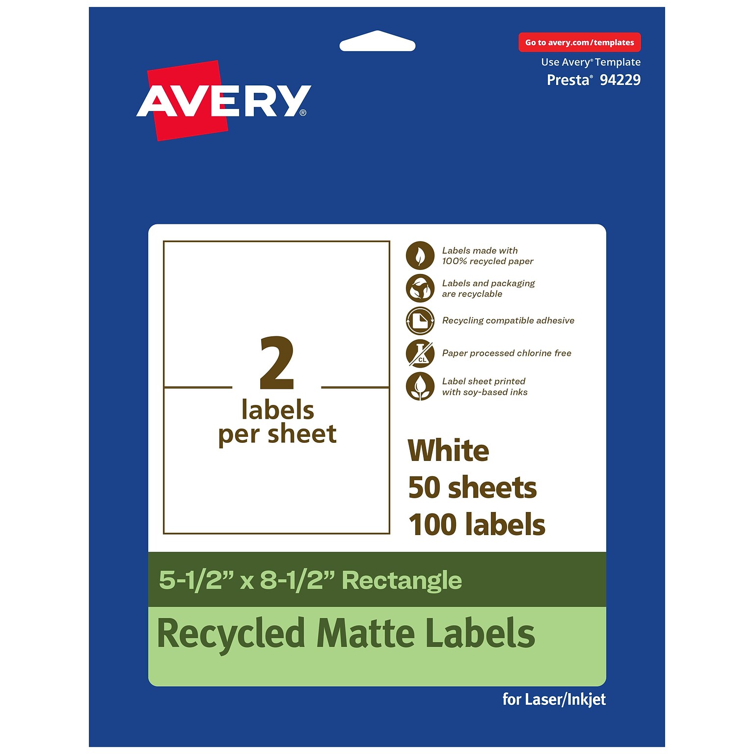 Avery EcoFriendly Laser/Inkjet Rectangle Multipurpose Labels, 5-1/2 x 8-1/2, White, 100/Box (94229)