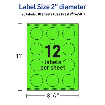 Avery Laser/Inkjet Multipurpose Circle Labels, 2" Dia., Neon Green, 120/Pack (94501)