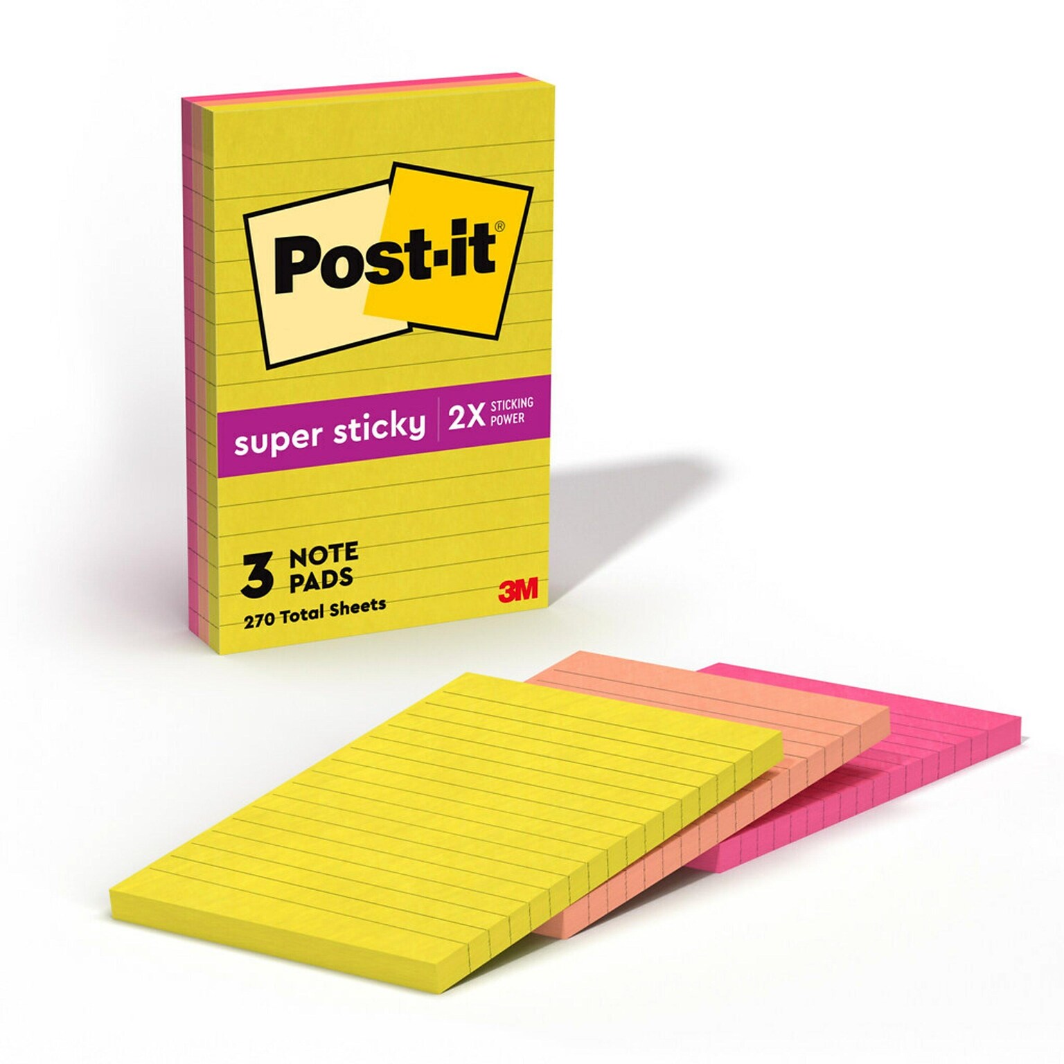 Post-it Super Sticky Notes, 4 x 6, Summer Joy Collection, Lined, 90 Sheets/Pad, 3 Pads/Pack (660-3SSJOY)
