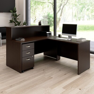 Bush Business Furniture Arrive 60"W L Shaped Reception Desk with Shelf and Mobile File Cabinet, Mocha Cherry (ARV004MR)