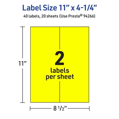 Avery Rectangle Multipurpose Labels, 11" x 4.25", Neon Yellow, 40/Pack (94266)