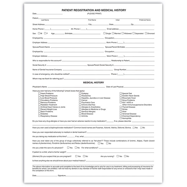 Medical Arts Press® Dental Registration and History Form, English