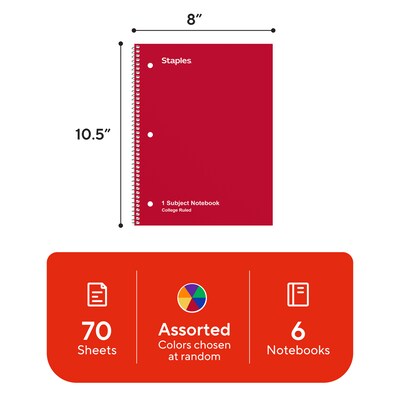 STAPLES 1-Subject Spiral Notebook, 8” x 10.5”, College Ruled, 70 Sheets, Assorted Colors, 6-Pack