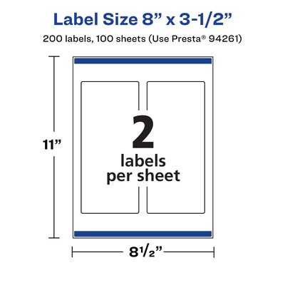 Avery Laser/Inkjet Rectangle Multipurpose Labels, 8" x 3.5", White, 200 Labels/Box (94261)