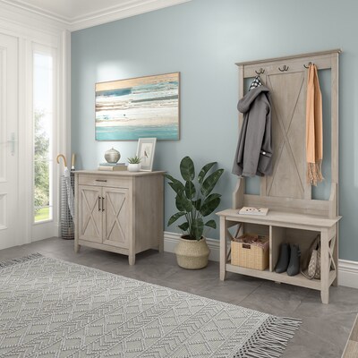 Bush Furniture Key West 66" Entryway Storage Set with Hall Tree, Shoe Bench, and Armoire Cabinet, Washed Gray (KWS055WG)