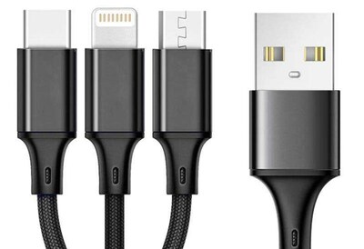 CODi Multi-Charging Braided USB-A Cable with USB-C/Micro USB/Lightning Connectors, Black (A10168)