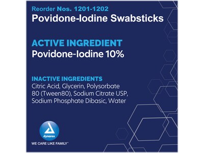 Dynarex 10% Povidone-Iodine Antiseptic Swab Sticks, 50/Pack, 5 Packs/Case (1201)