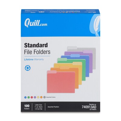 Quill Brand® File Folders, Assorted Tabs, 1/3-Cut, Letter Size, Assorted Colors, 100/Box (740913AD)