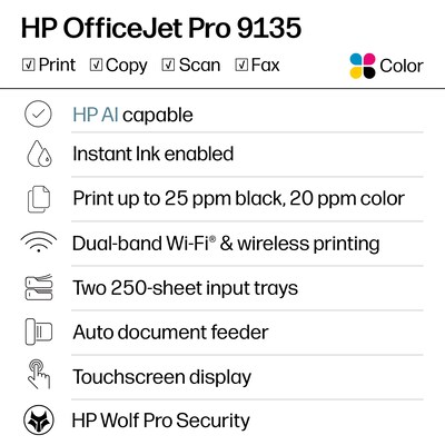 HP OfficeJet Pro 9135e Wireless Color All-In-One Printer, Scan, Copy, Fax, 3 Months Free Instant Ink, AI Enabled (404M0A)