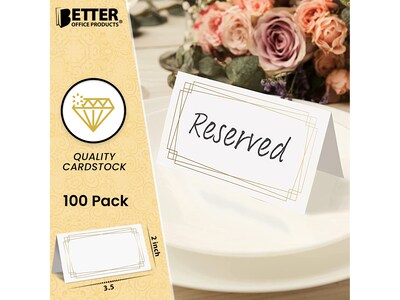 Better Office 2" x 3.5" White/Gold Table Tent Place Card, 100/Pack (64648-100PK)