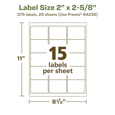 Avery EcoFriendly Laser/Inkjet Rectangle Multipurpose Labels, 2" x 2-5/8", White, 375/Pack (94235)