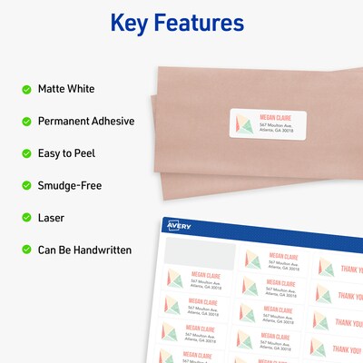 Avery Sure Feed Laser Address Labels, 1" x 2 5/8", Matte White, 30 Labels/Sheet, 250 Sheets/Box, 7500 Labels/Box (45160)