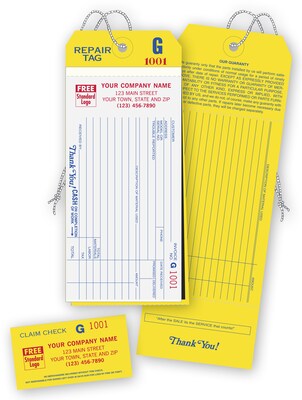 Custom 4-in-1 Repair Tags w/ Claim Check & Carbons, 1 Color Printing, 3 1/8 x 9, 1000/Pack