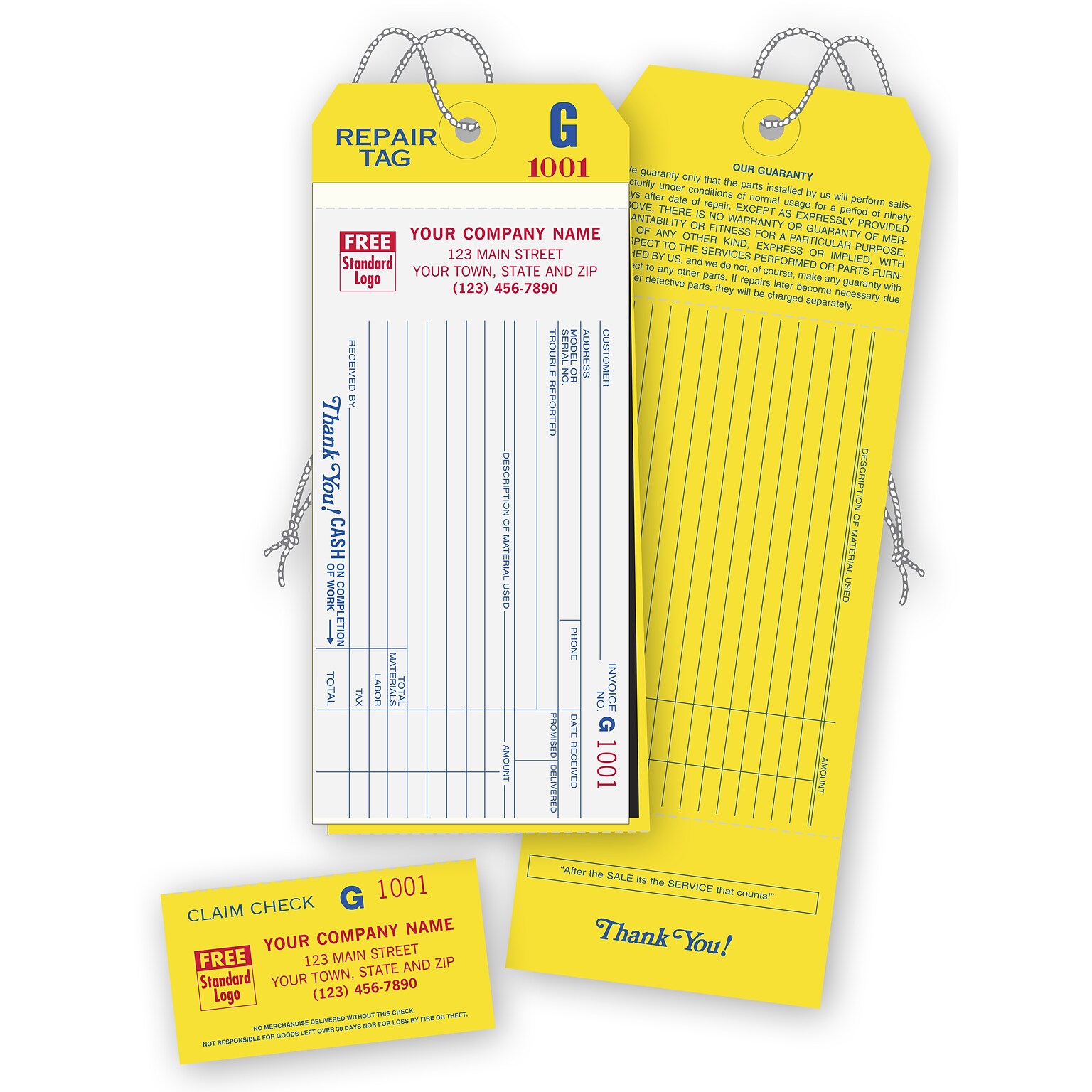Custom 4-in-1 Repair Tags w/ Claim Check & Carbons, 1 Color Printing, 3 1/8 x 9, 1000/Pack