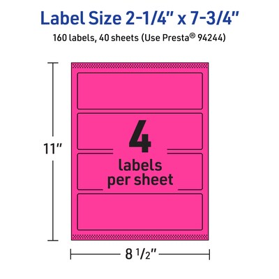 Avery Rectangle Laser/Inkjet Multipurpose Labels, 2.25" x 7.75", Neon Magenta (160/Box)