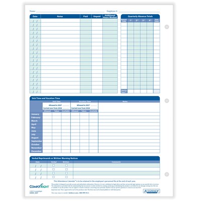 ComplyRight 2027 Attendance Calendar Card, 50 Forms/Pack (A4000W50)