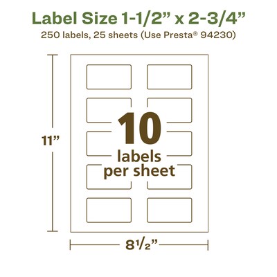 Avery EcoFriendly Laser/Inkjet Rectangle Multipurpose Labels, 1-1/2" x 2-3/4", White, 250/Pack (94230)