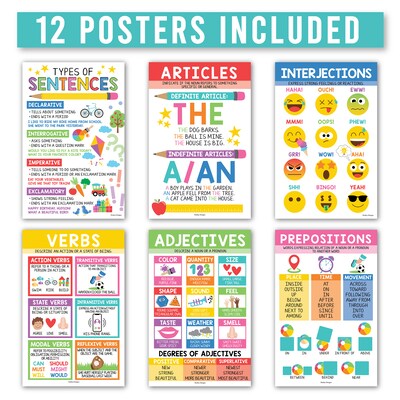Hadley Designs 11 x 17 Colorful Parts of Speech Language Arts and Grammar Laminated Posters, 12/Se