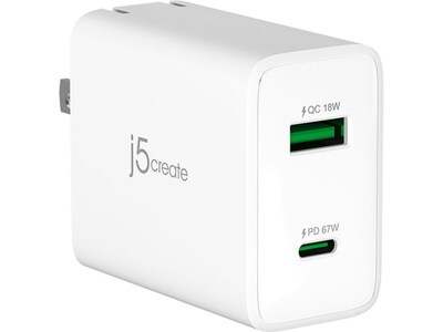 j5create 67W GaN USB-C 2-Port Charger for Laptops, Tablets and Mobile Devices, White (JUP2367)