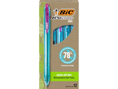 BIC ECOlutions Retractable Gel Pens, Medium Point, 1.0 mm, Assorted Inks, 12/Pack (RGLE11-AST)