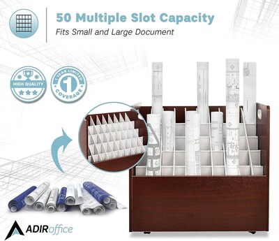 AdirOffice 50-Slot Mobile Roll File, 28.5"H x 30"W x 15.75"D, Mahogany (626-MA-KIT1)