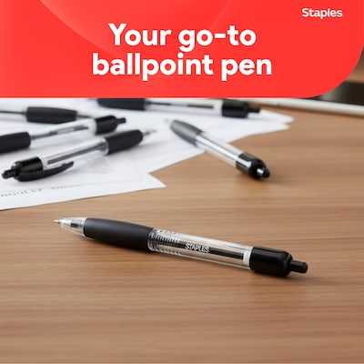 Staples® Retractable Ballpoint Pens, Fine Point, 0.7mm, Black Ink, Dozen (50786-CC)