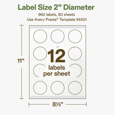 Avery Hemp Round Laser/Inkjet Multipurpose Labels, 2" Dia, Off-White (960/Box)