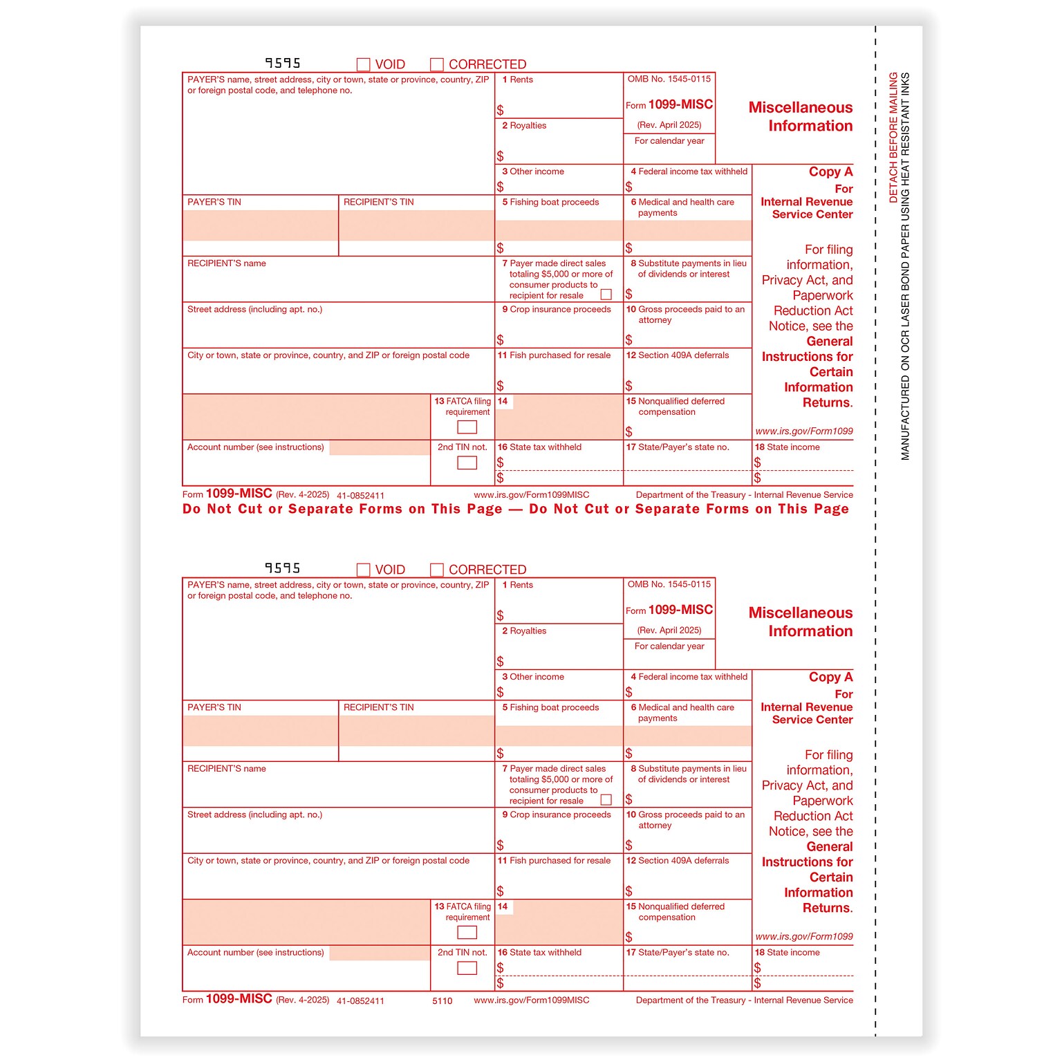 ComplyRight 2025 1099-MISC Tax Form, 1-Part, 2-Up, Federal Copy A, 25/Pack (511025)