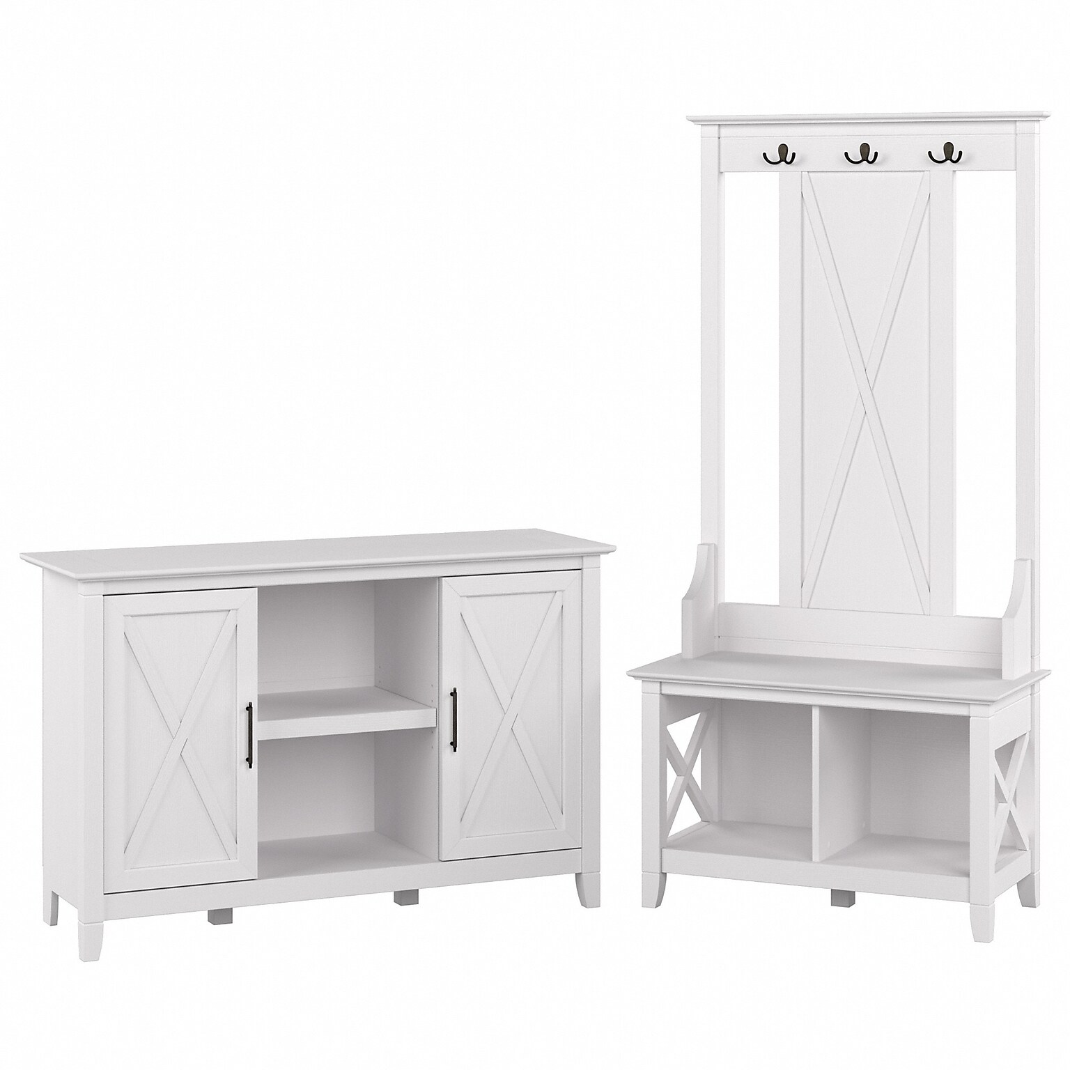 Bush Furniture Key West 66 Entryway Storage Set with Hall Tree, Shoe Bench, and 2-Door Cabinet, Pure White Oak (KWS054WT)