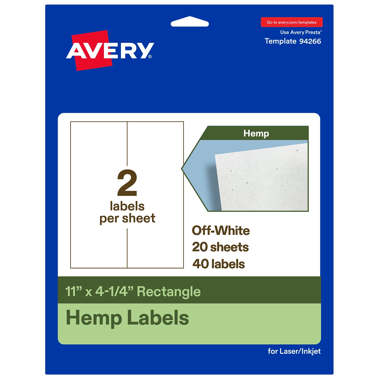 Avery Hemp Rectangle Laser/Inkjet Multipurpose Labels, 11 x 4-1/4, Off-White (40/Pack)