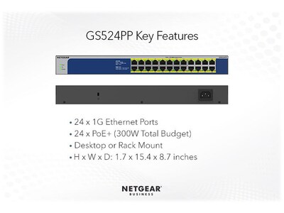 Netgear 24-Port Gigabit Ethernet High-Power PoE+ Unmanaged Switch, Gray (GS524PP-100NAS)