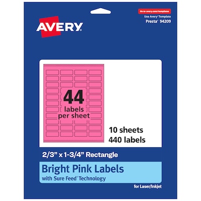Avery Rectangle Laser/Inkjet Multipurpose Labels, 2/3 x 1-3/4, Bright Pink (440/Pack)