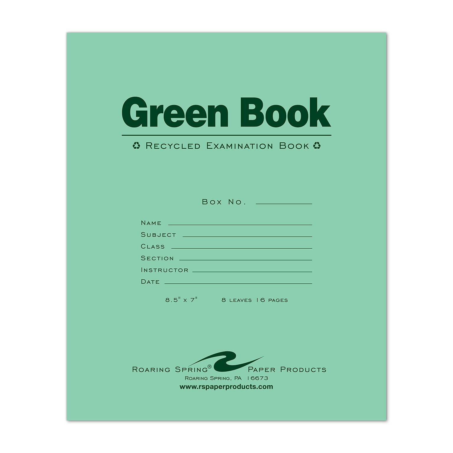 Roaring Spring Paper Products Exam Notebooks, 7 x 8.5, Wide Ruled, 8 Sheets, Green, 600/Case (77508CS)
