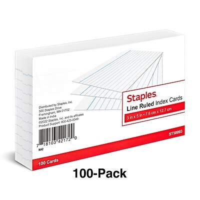 Staples 3 x 5 Index Cards, Narrow Ruled, White, 100/Pack (TR50993)
