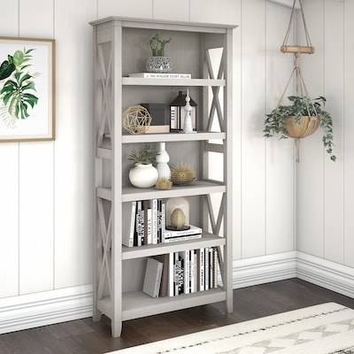 Bush Furniture Key West 66"H 5-Shelf Bookcase with Adjustable Shelves, Linen White Oak Laminated Wood (KWB132LW-03)
