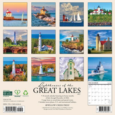 2027 Willow Creek Lighthouses of the Great Lakes 12 x 12 Monthly Wall Calendar, Assorted Colors (61046)