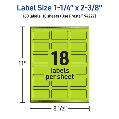 Avery Printable Rectangle Multipurpose Labels, 1-1/4" x 2-3/8", Bright Green, 180/Pack (94227)